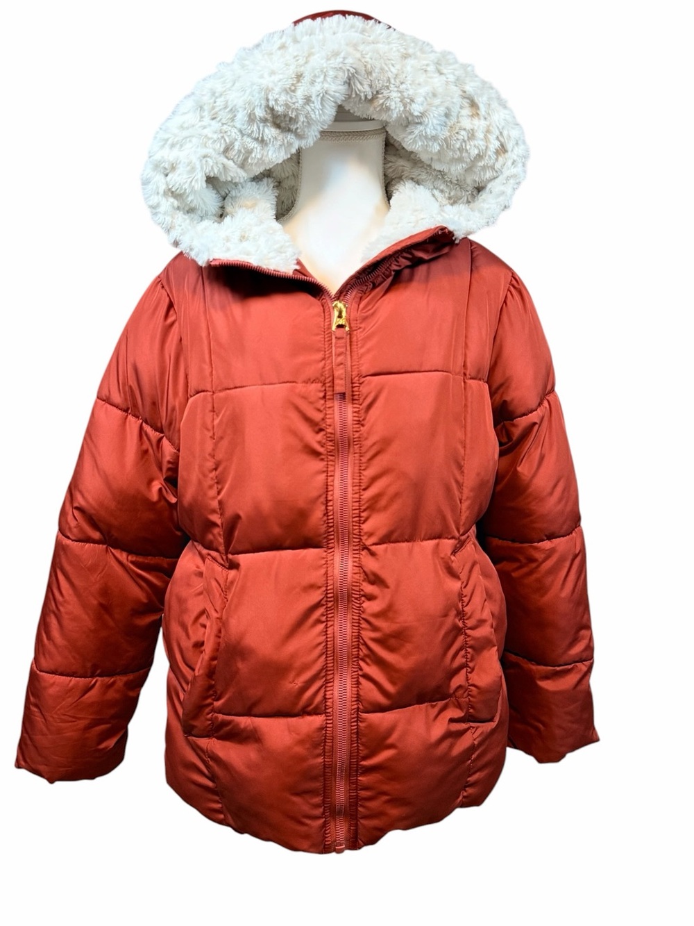 Jessica Simpson Rust Hooded Puffer with Faux Fur Lining Women’s Size Large